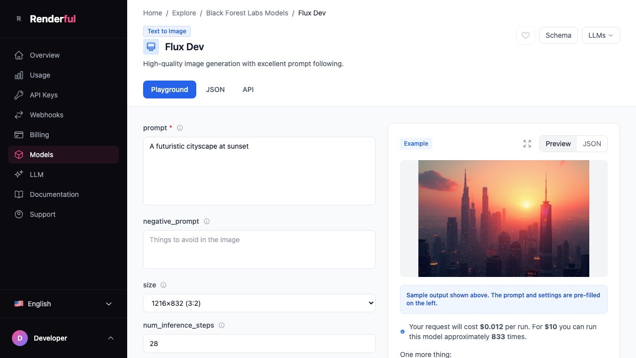Flux Dev playground on Renderful — AI image generation API