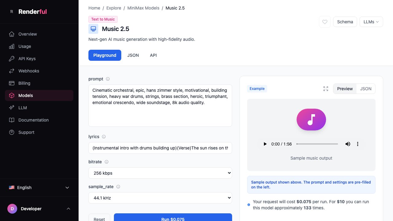 MiniMax Music 2.5 playground on Renderful — AI music generation API