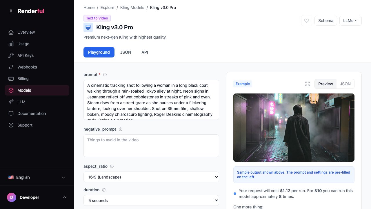 Kling v3 Pro playground on Renderful — Kling video generation API