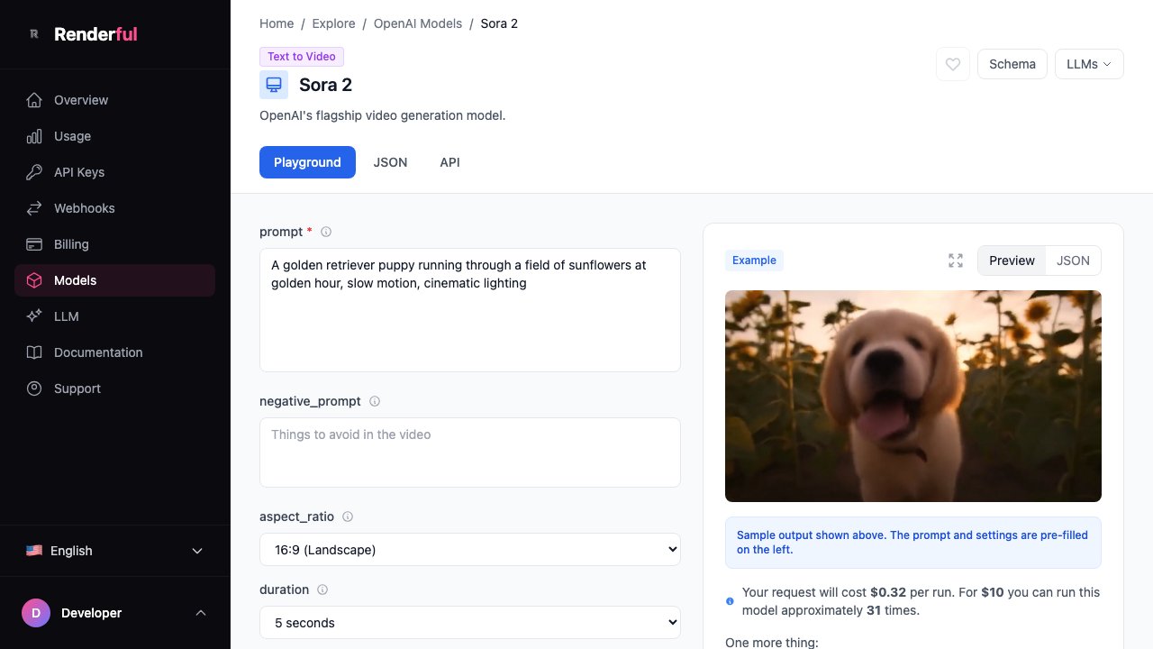 Sora 2 playground on Renderful — text to video API