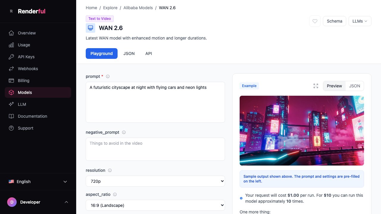 WAN 2.6 playground on Renderful — Alibaba video generation API